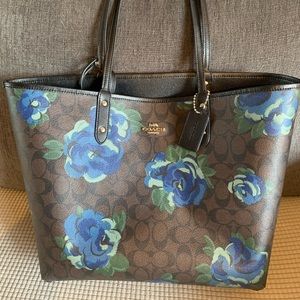 COACH Reversible City Tote LIMITED Design Jumbo Brown/Blue Floral Logo Black